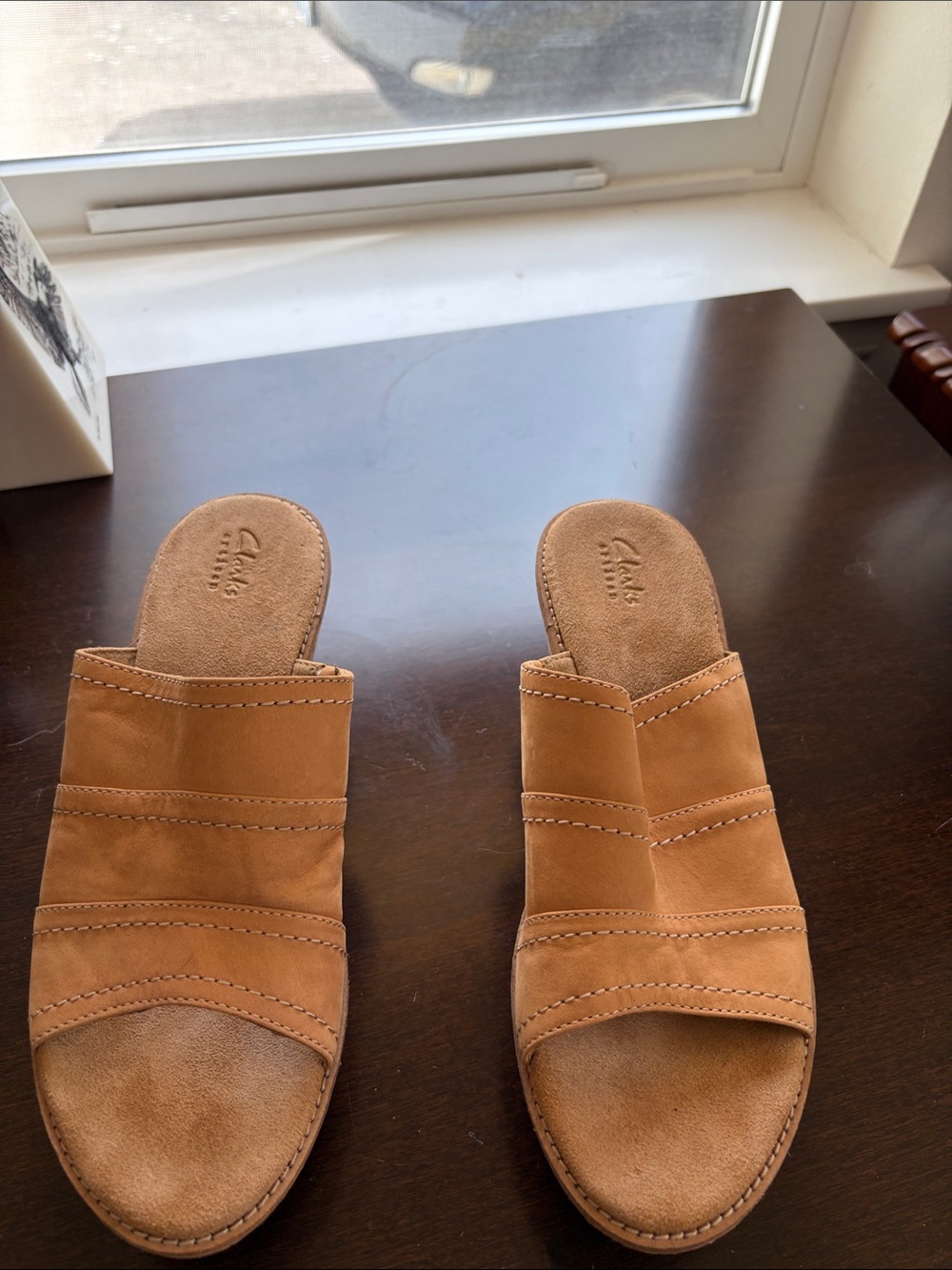 Clarks Cognac Brown Leather Slide Sandals
